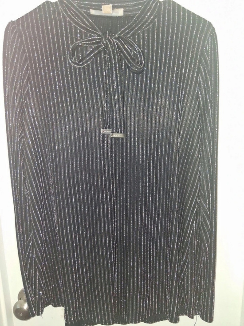 Michael Kors Metallic Stripe Tie-Neck Top Black & Silver Large